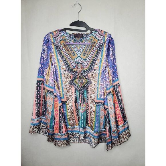 Hale Bob Deep V Lace Up Mixed Print Leopard Artsy Satin Flare Sleeve Blouse - Picture 1 of 6